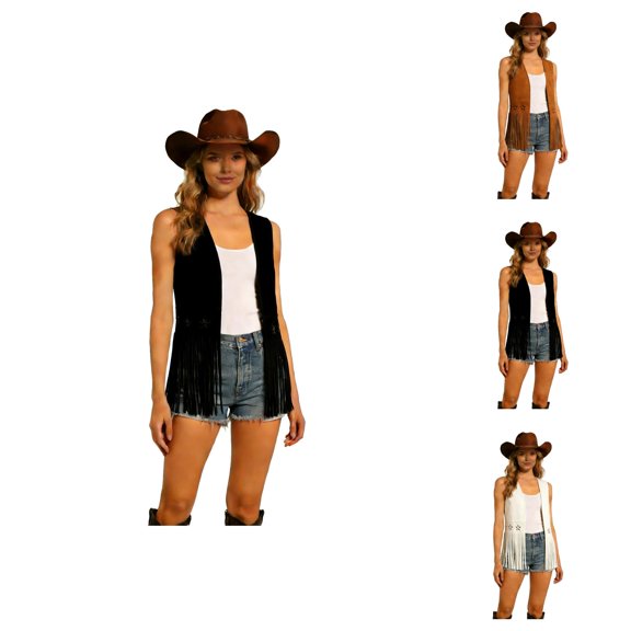 Fringe Vest Women Western Cowgirl 70s Hippie Hollow out Faux Suede Open Front Tassel Jacket Country Concert Tops