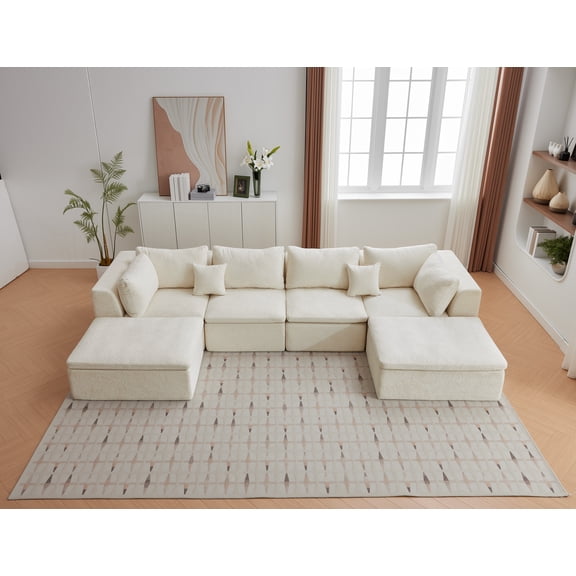 COZONY 140" Modular Cloud Sectional Sofa with Ottoman, Boneless U Shaped Convertible Couch, Double Chaise Deep Seat Chenille Sofa for Living Room