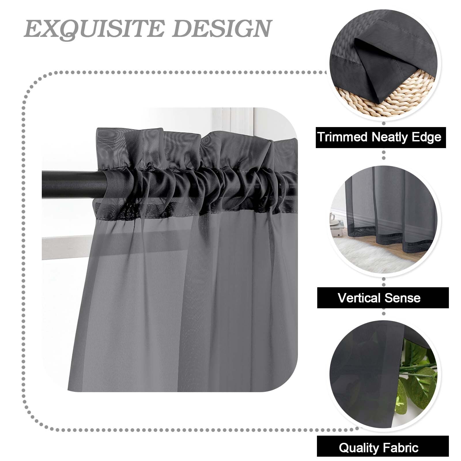 Patin Black Sheer Curtains 63 Inch Length 2 Pcs, Solid Color Light Filtering Voile Airy Modern Drapes, Rod Pockets Home Window Curtains for Living Room Bedroom Bathroom, Each Panel 42" W x 63" L