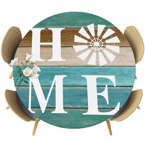 Teal Blue Brown Round Tablecloth 36-44 Inch Round Fitted Table Cloth with Elastic Edge, Home Vintage Farmhouse Retro Wooden Waterproof Table Cover Protector for Outdoor Picnic Party Dining