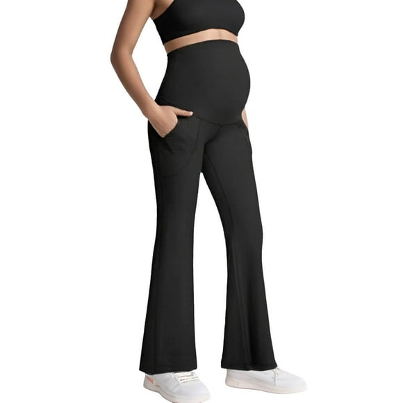 Maternity Flare Pants Over The Belly Stretchy Work Pregnancy Trousers Wide Leg Comfortable Wear With Pockets