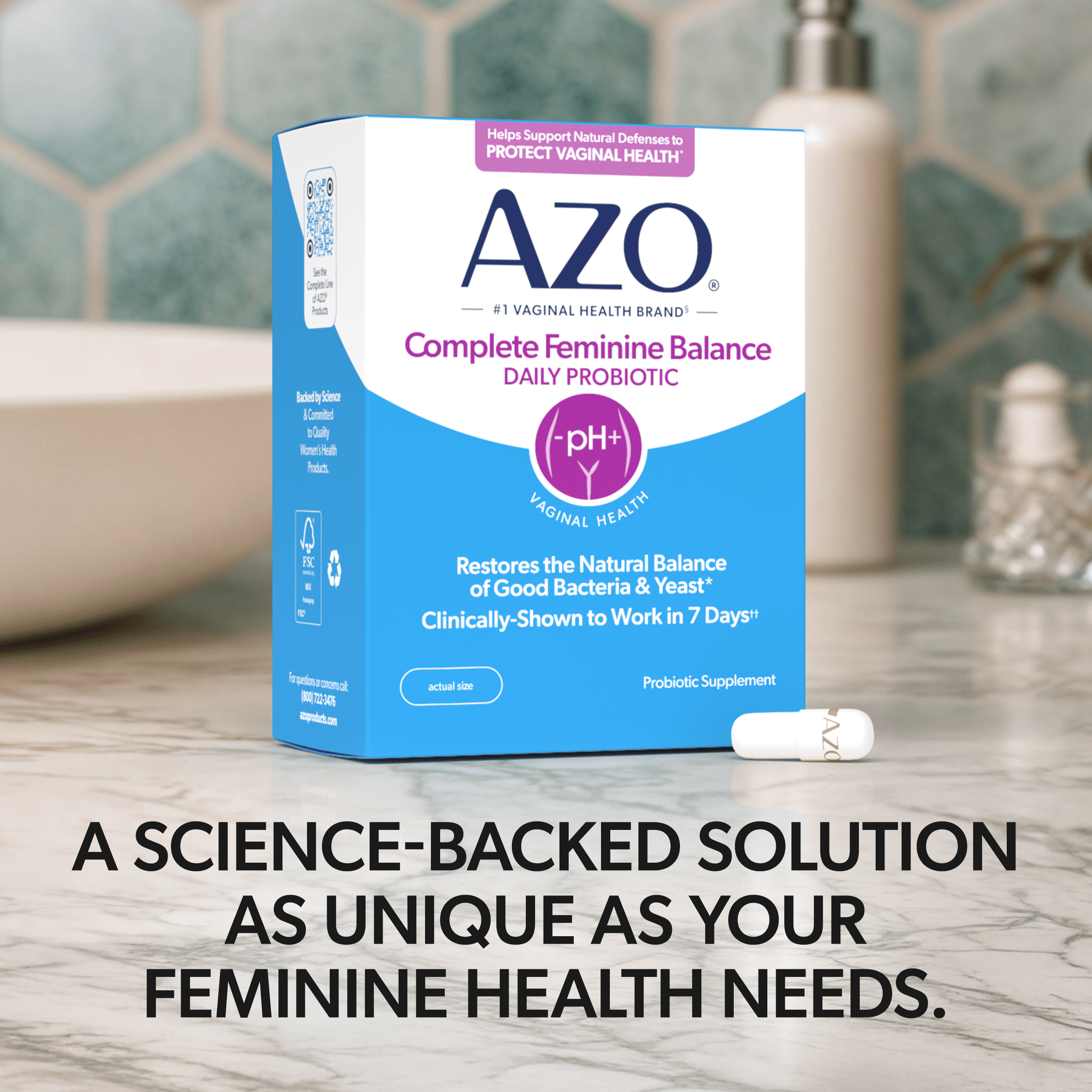 AZO Complete Feminine Balance Probiotic Daily Supplement, Supports Vaginal Health, 30 Count