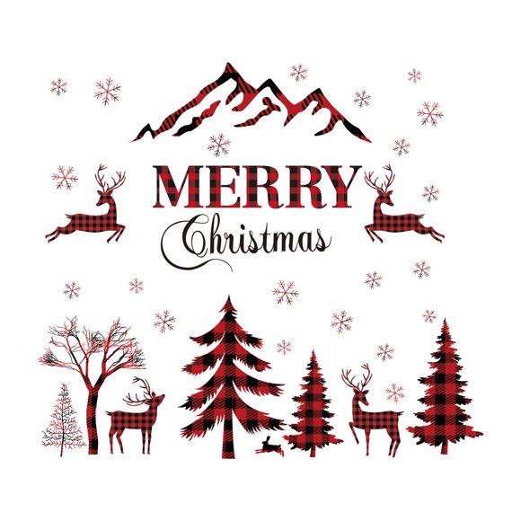 Adhesivo De Pared Con Texto En Inglés "Merry Christmas", Color Rojo Y Negro, Diseño De Búfalo, Árbol, Ciervo, Ventana, Nieve, Extraíble, Decoración Del Hogar, Mural De Despegar Y Pegar Para Suministro