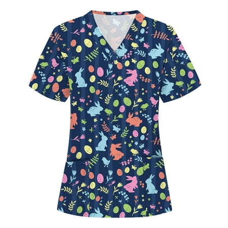 

Ozmmyan Womens Tops Scrubs for Women Short Sleeve V-neck Scrubs Tops Working Uniform Printed with Two Pockets Blouse Nursing Uniform Saving Clearance