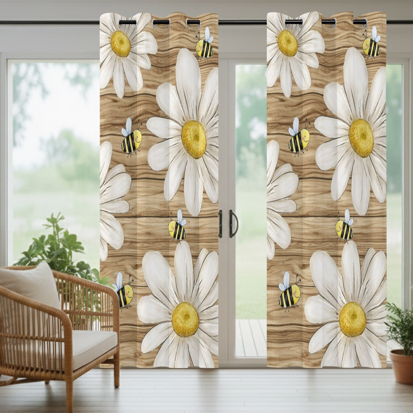 White Daisy Honeybees Outdoor Curtains for Patio, Farmhouse Floral Rustic Wood Stripes Sunshade Privacy Drapes Grommet Waterproof Outside Curtains for Porch/Cabana/Balcony 54"x 108", 1 Panel