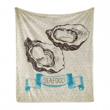 Oyster Soft Flannel Fleece Throw Blanket, Sketched Virginica Atlantic Oysters on Polka Dot Background, Cozy Plush for Indoor and Outdoor Use, 50" x 60", Dark Brown Azure Blue, by Ambesonne