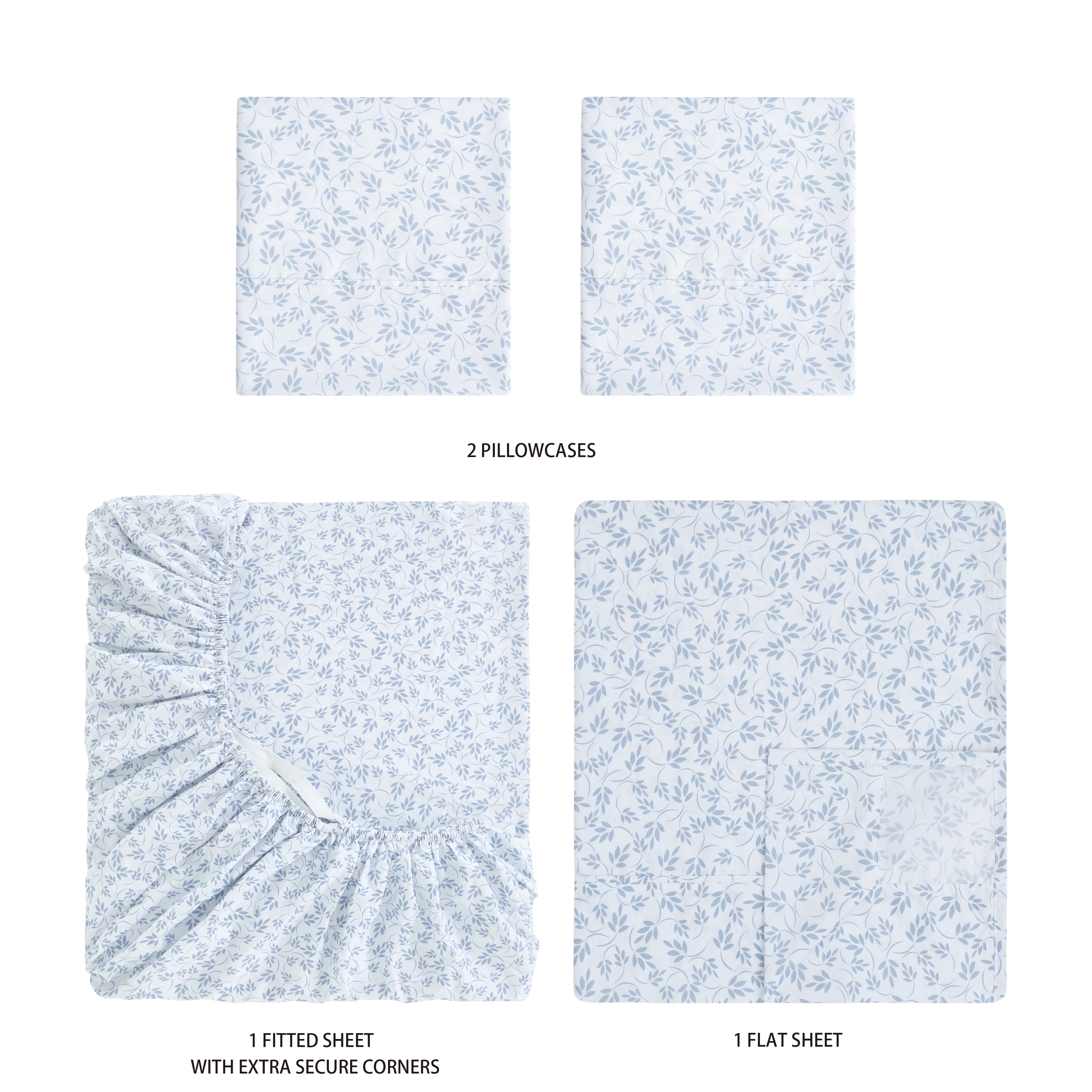 Mainstays Super Soft Brushed Microfiber Bed Sheet Set, Light Blue Leaves, King, 4 Piece