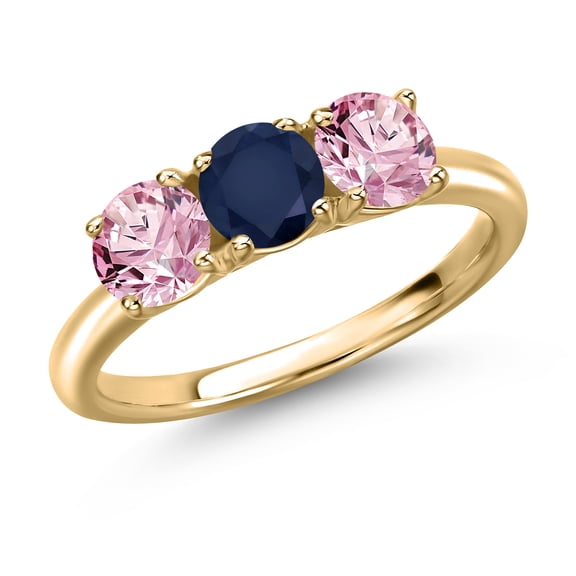 Gem Stone King 10K Yellow Gold Blue Sapphire and Pink Lab Grown Diamond Engagement Ring for Women | 1.60 Cttw | Round 5MM | Gemstone September Birthstone | Size 6