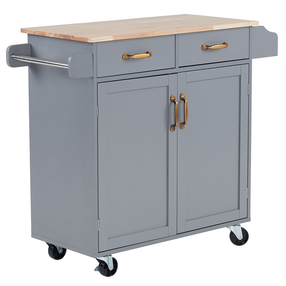 Kadyn Kitchen Island Cart, MDF Rubber Wood Dining Car with 2 Doors and 2 Drawers, Moveable Kitchen Cart for Kitchen, Gray Kadyn Kitchen Island Cart, MDF Rubber Wood Dining Car with 2 Doors and 2 Drawers, Moveable Kitchen Cart for Kitchen, Gray