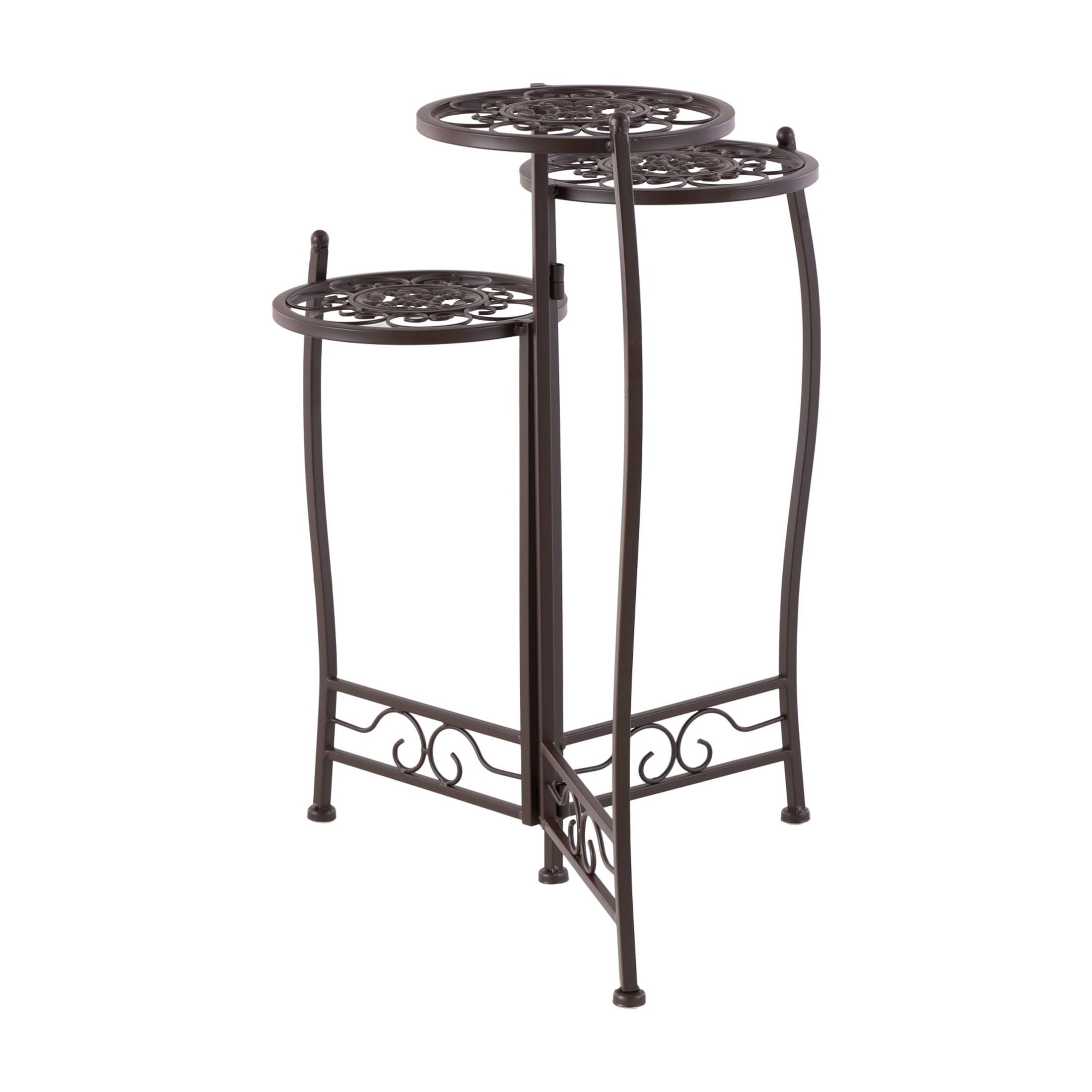 DecMode 24" x 18" x 18" 3 Tier Brown Metal Scroll Plantstand with Scroll Details