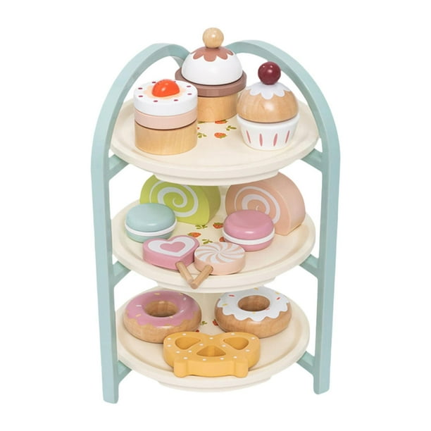 Juego de té de madera, juego de simulación para fiesta de té para niños, juego de rol con magdalenas, pasteles, para niños pequeños, niñas