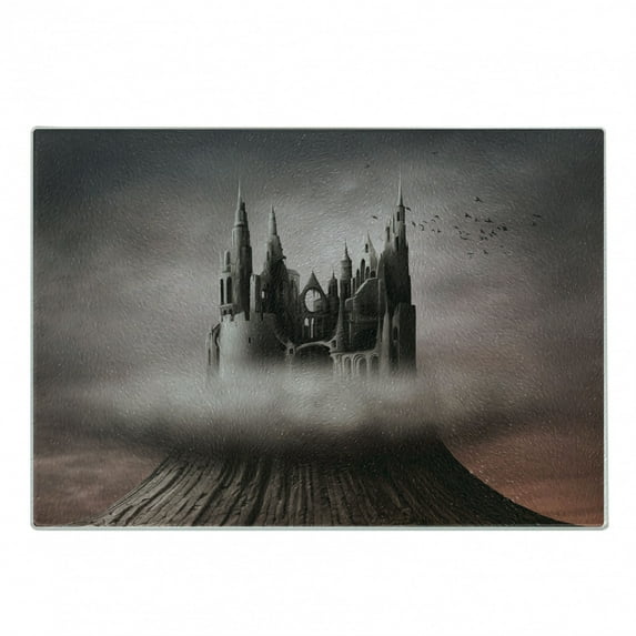 Fantasy Cutting Board, Abandoned Castle on a Mountain Top Surrounded with Stormy Clouds, Decorative Tempered Glass Cutting and Serving Board, Small Size, Grey Brown Pale Coral, by Ambesonne