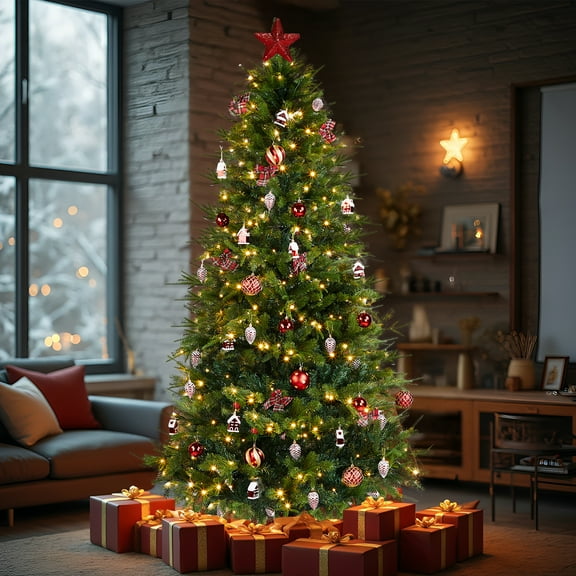 7.5ft artificial Christmas tree with 400 warm LED lights hinged full pine tree with ornaments tree skirt DIY decor for living room holiday party office festive home display green red accents