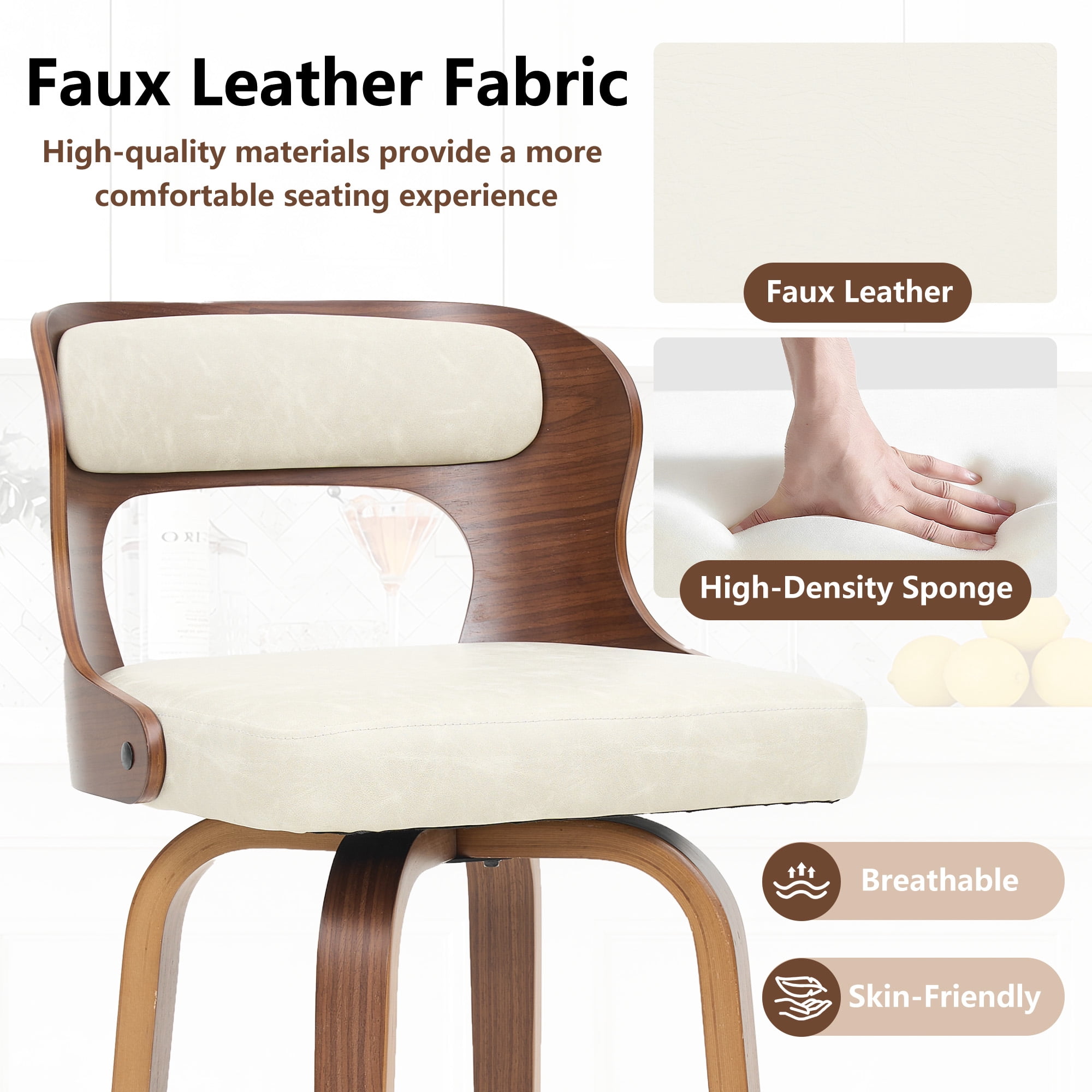 ClinQ 26 inch Swivel Bar Stools Set of 2, Counter Height Bar Chairs with Walnut Legs and Silver Ring Footrest, Upholstered Faux Leather, Beige