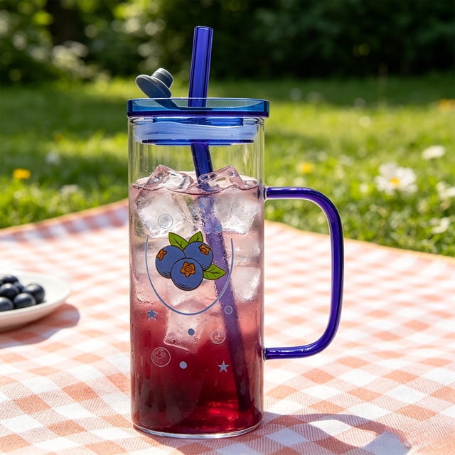 Vaso de agua de vidrio con tapa y pajita – Vaso reutilizable de 400 ml con decoración de frutas para café, bebidas frías, hogar, oficina o uso al aire libre.