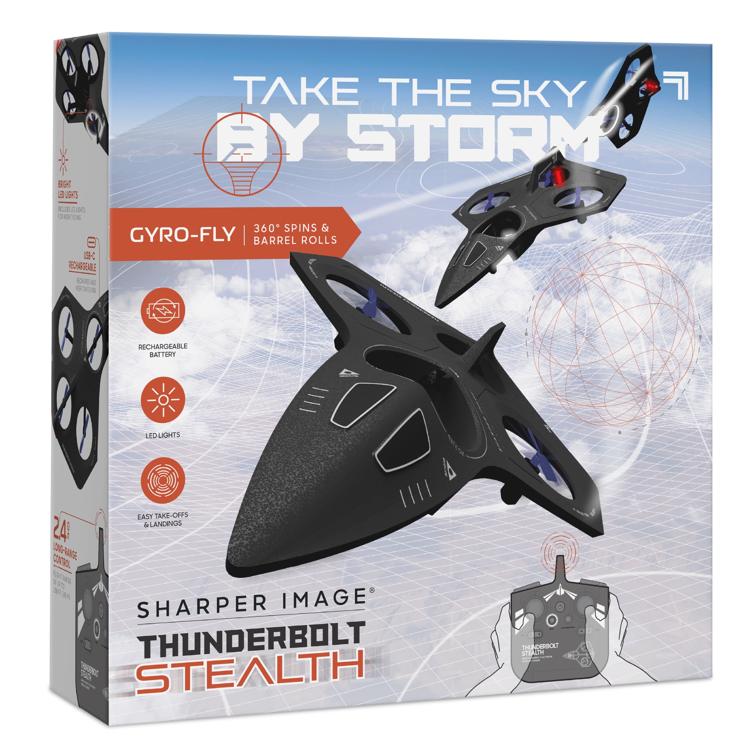 Sharper Image® Thunderbolt Stealth Drone, USB-C Rechargeable, Flight Assist & Gyro Sensor, Long Range Stunt Control