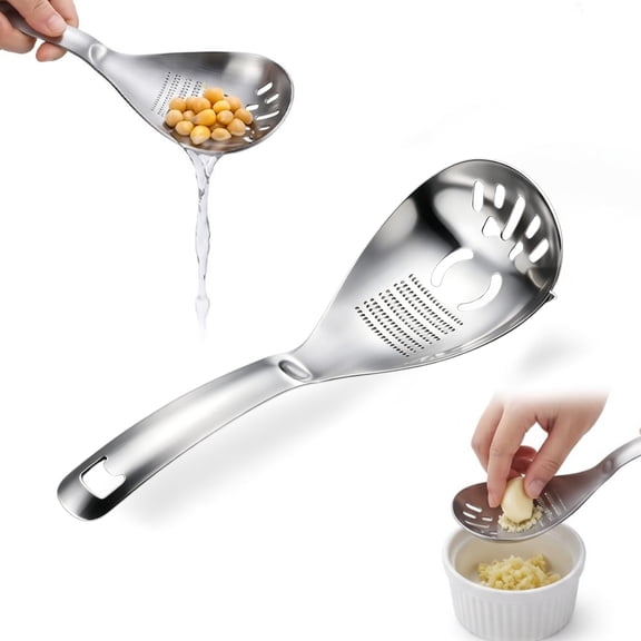5-in-1 Stainless Steel Cooking Spoon, Multifunctional Ginger Grater Spoon - Garlic Grinder, Egg Yolk Separator & Strainer, Heavy Duty Kitchen Cooking Spoon