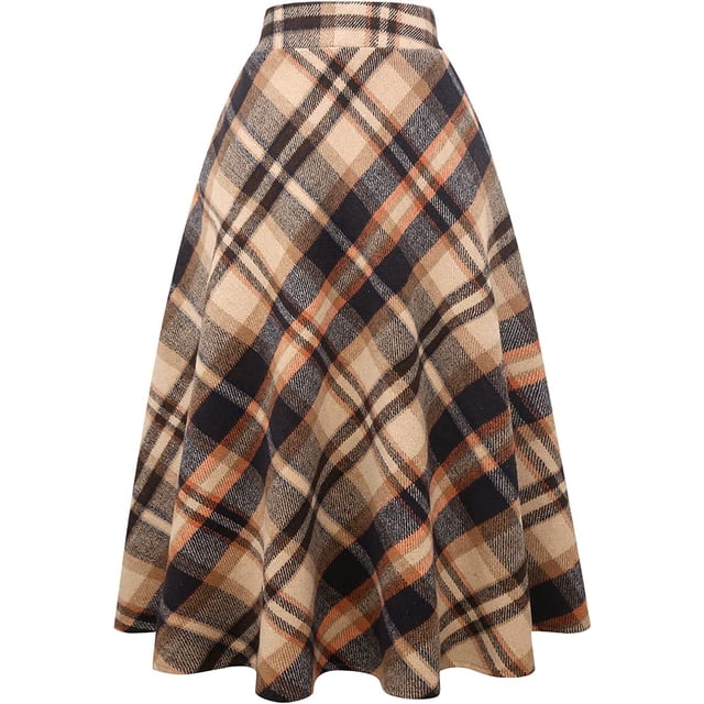 Falda Larga de Cintura Alta elástica para Mujer, Acampanada, a Cuadros, para Invierno, cálida café largo. 2XL café largo. 2XL Xishao ropa