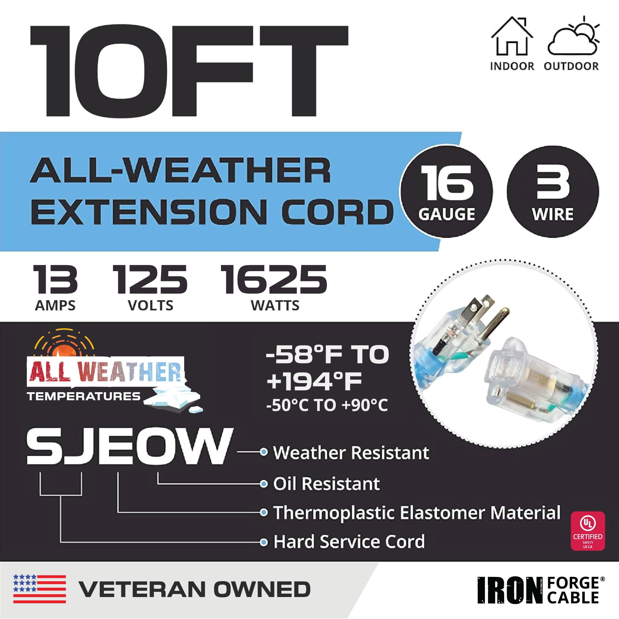Iron Forge Cable 10 Ft All-Weather Extension Cord for Outdoor & Indoor Use - 16/3 SJEOW Lighted 3 Prong Extension Cord - for Cold & Hot Temperatures
