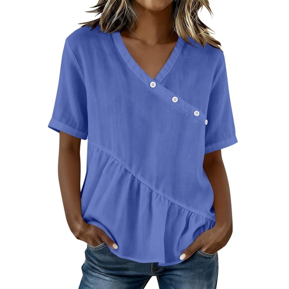 cfhntfmh Summer Tops for Women Trendy Fashion Cotton Linen Clothing Tunic Tshirts V Neck Short Sleeve Shirts Blouses for Women
