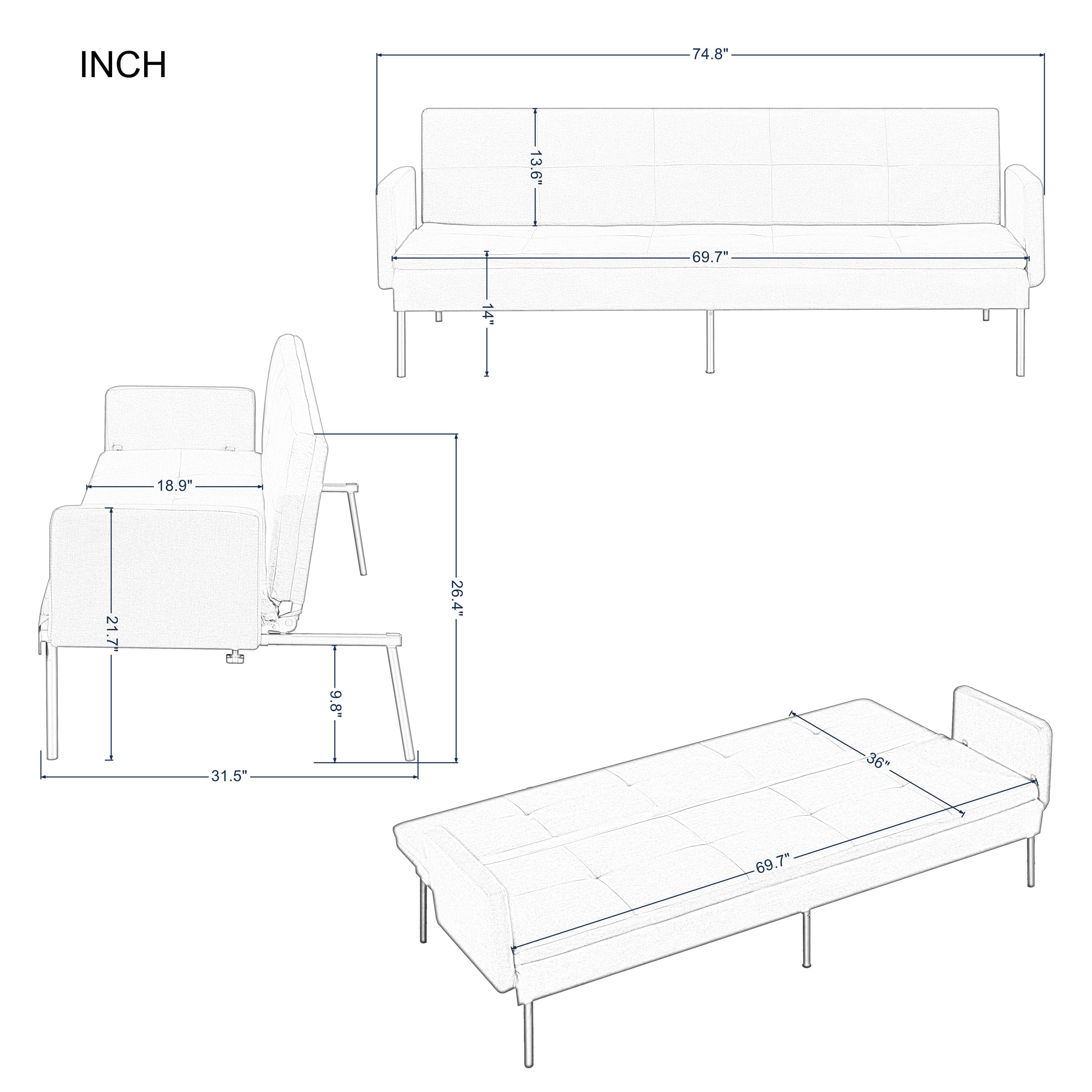 BSHTI 74.8" Futon Sofa Bed, Twin Size, 5-Position Adjustable Folding Convertible Sleeper,Polyester Upholstery, All-Iron Frame, Black