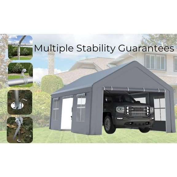 Pinypikaka Carport 13x20ft / 10x20ft, Portable Garage Canopy Storage Shed With 5 Windows 3 Doors for Car Truck SUV Motorcycle Bikes Boat, Gray