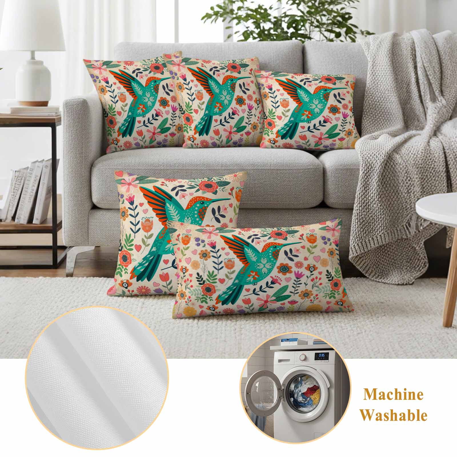 Turquoise Birds Outdoor Waterproof Pillow Covers, Retro Farmhouse Colorful Flowers Herbs Decorative Square Throw Pillowcase Sofa Cushion Sham for Patio/Couch/Chair, 24"x24" 2 Pack