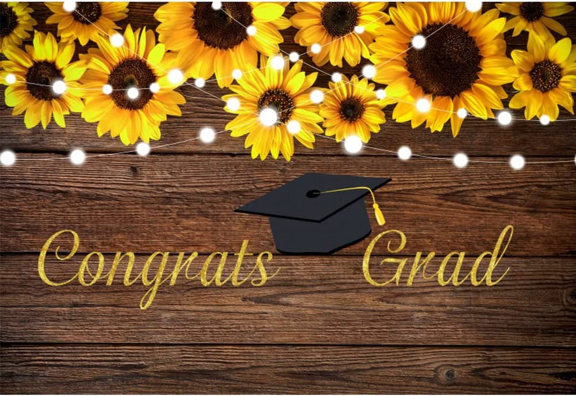 5 x 4 feet sunflower graduation backdrop, 2025 graduation congratulations background, rustic wooden board, flowers, bachelor's cap, graduation banner, party decoration.
