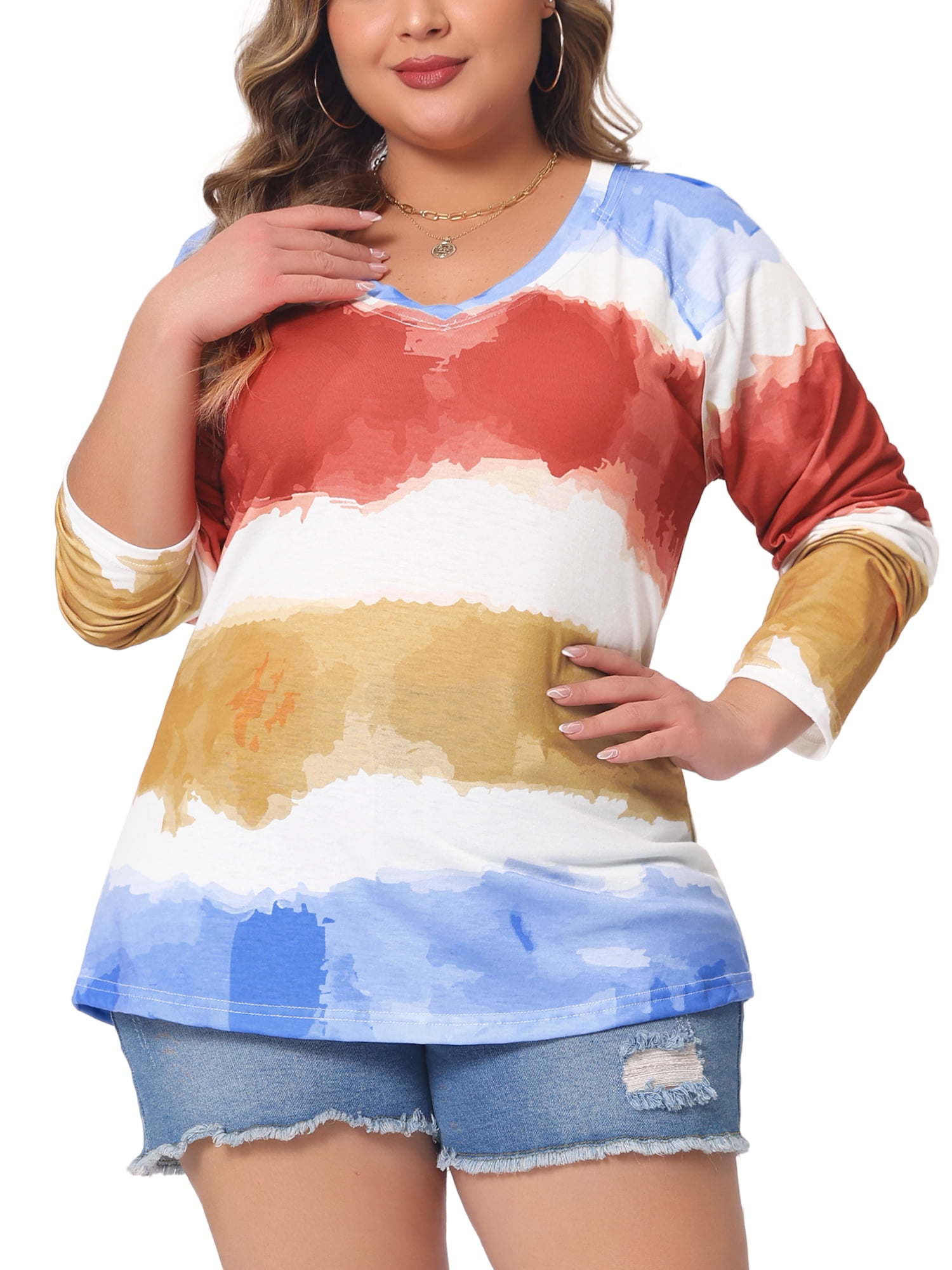 Unique Bargains Women Plus Size Tops Long Sleeve Shirts V Neck Tie Dye Blouses Blue 2X