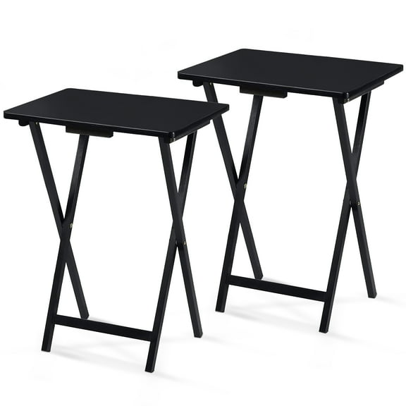 PJ Wood Folding TV Tray, Collapsible Portable Snack Serving Tables, Black, 2 Piece Set