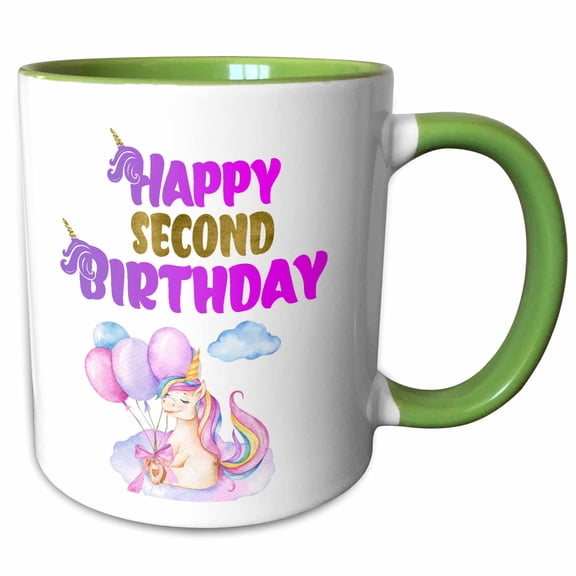 3drose, Cute Unicorn with Balloons Happy Second Birthday, 11oz Two-tone Green Mug