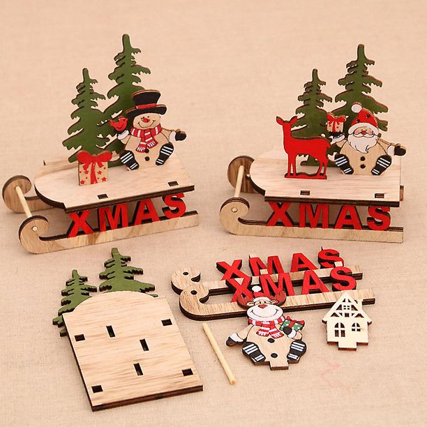 Ensamblaje de madera Bricolaje Trineo Adornos para automóviles Ventana Regalos creativos Coche de ciervos de Papá Noel - Modelo de anciano + Modelo de muñeco de nieve + Mod de ciervo