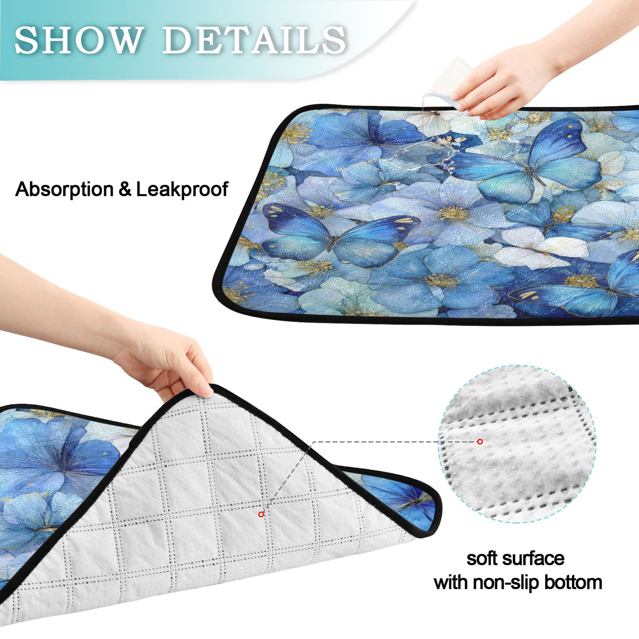 Qxltty Pale Blue Butterfly Cat litter Pads Pet Set of 2 Diaper Mats Center Anti-leakage Layer Absorbent Soft and Comfortable
