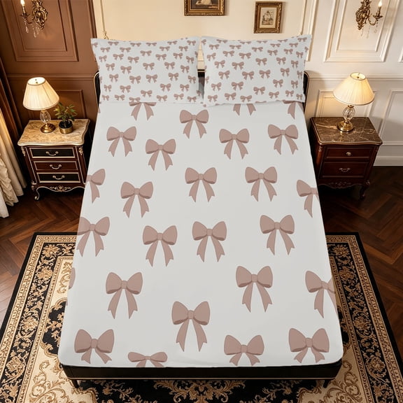 Manfei Brown Dreamy Bowtie Fitted Sheet Full,Kawaii Bowknot Bed Set,3-Piece,1 Fitted Sheet and 2 Pillowcases