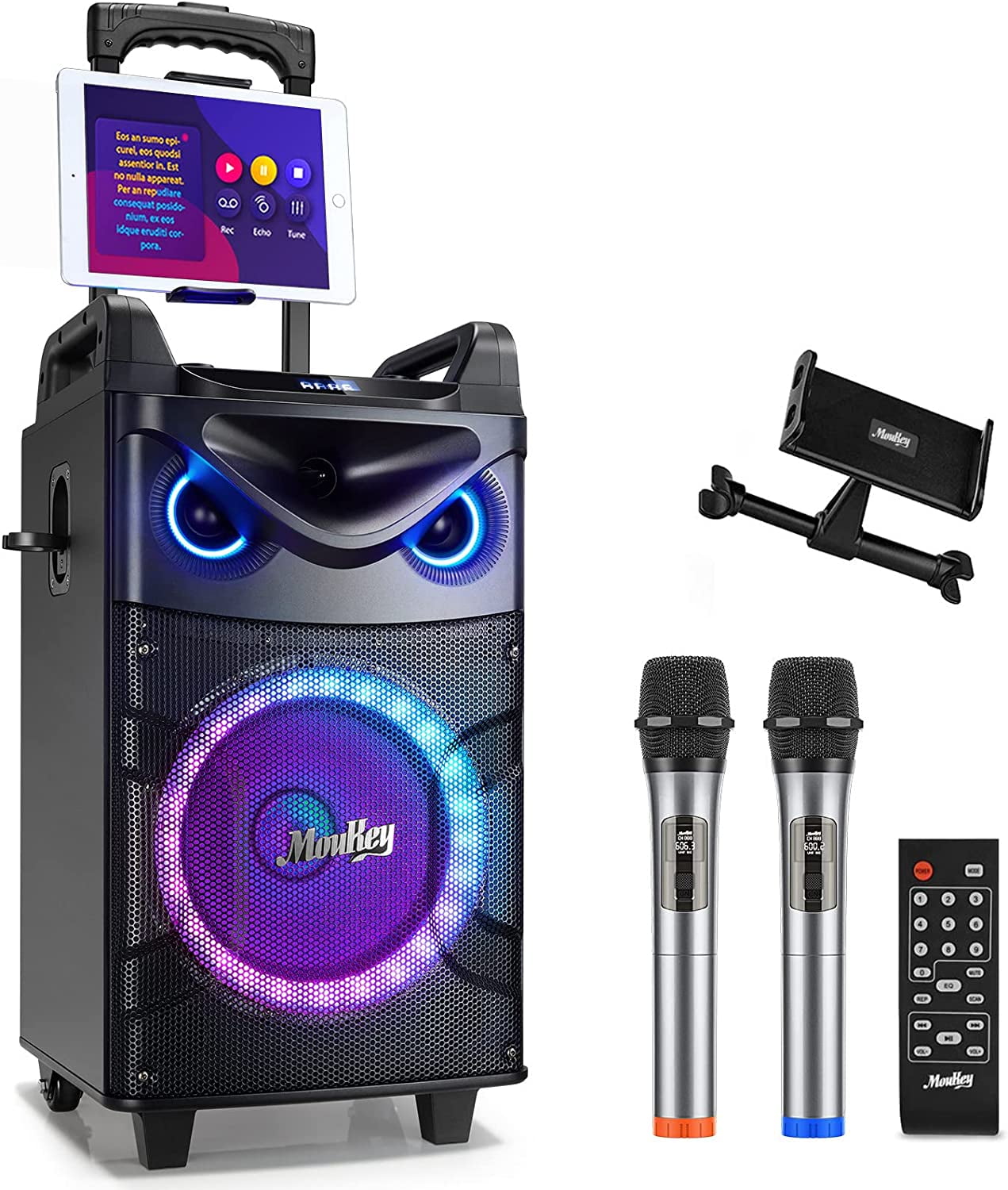 Moukey Karaoke Machine with 2 UHF Wireless Microphones, Portable Bluetooth PA System Speaker