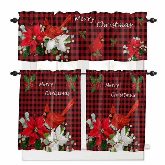 Merry Christmas Kitchen Curtains and Valances Set, Poinsettia Cardinal Bird Berry Red Plaid Rod Pocket Window Valance Window Curtain Panels for Living Room Bedroom Laundry, 27.5x24in, 3 Pieces