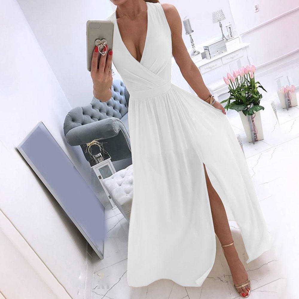 Women s Prom Dresses Flowy Casual Sleeveless Solid V Neck Split Maxi Dress Homecoming Dresses