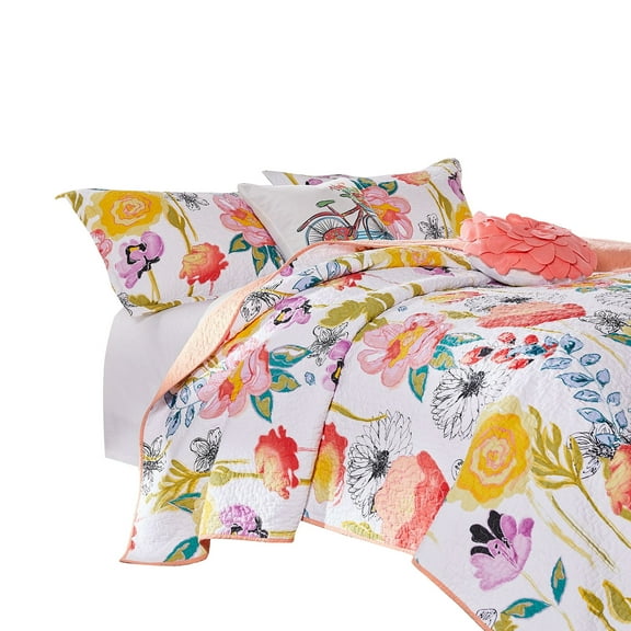 Mavi 5 Piece Reversible King Quilt Set, Spring Floral Print, Multicolor- Saltoro Sherpi