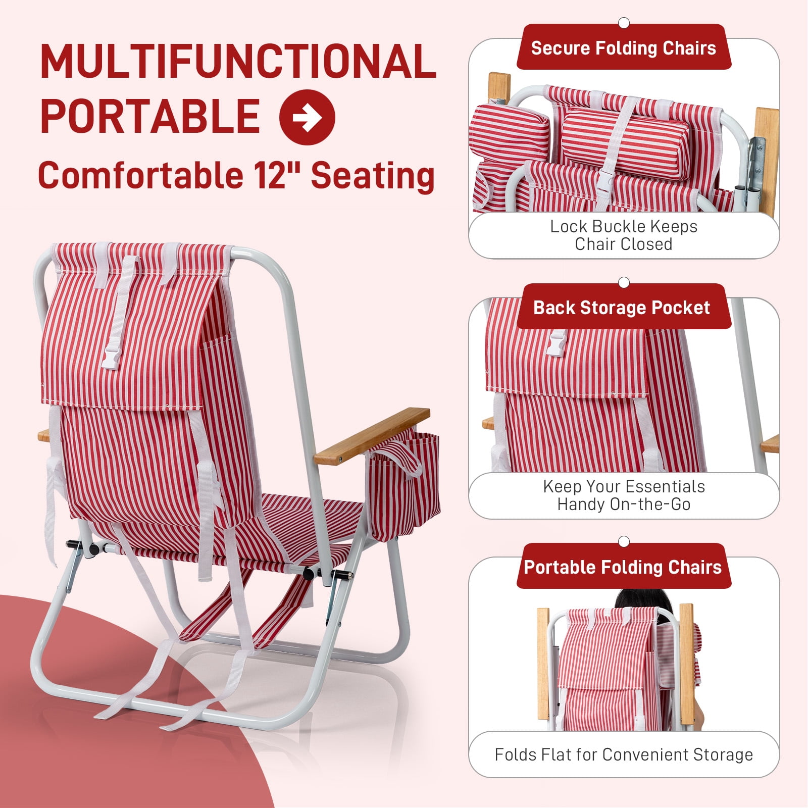 4-Position Adjustable Backpack Beach Chair, Foldable Rustproof Aluminum Frame Lounge Chair with Wooden Armrest, Side Storage Pockets & Detachable Pillow, 24"x22"x37"