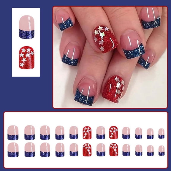 UNLLLL Short Glossy Independence Day Press on Nails, Red White and Blue Irregular Lines and Glitter Design, Reusable False Nails, for 4th of July Patriotic Parties (24 Pieces)