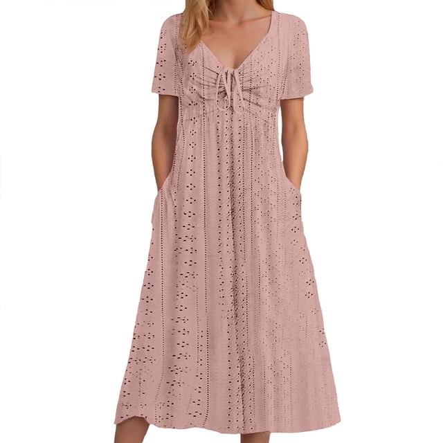 Vestido largo liso con cuello en V y volantes de encaje para mujer - Poliéster elástico, elegante/casual, lavable a máquina, para la noche/cócteles