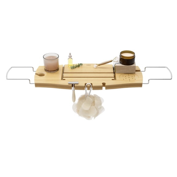 Extendable Bathtub Tray - Bamboo/Rubberwood Bath Caddy with Wine Glass Holder, Phone Slot & Loofah Hooks, Waterproof Spa Bath Organizer for Books/Tablet, Non-Slip Arms Fits Most Tubs (28-37 Inches)