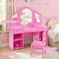 thumbnail image 5 of UHOMEPRO Kids Vanity Table with Chair Set, Princess Makeup Vanity Sets with Mirror & Storage Cabinet and Shelves, 2 In 1 Wooden Dressing Table with Drawers and Desk for Little Girls 3-8, Pink, 5 of 11