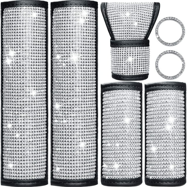 Friendsa - Juego de 7 accesorios para coche, cubierta brillante para cinturón de seguridad, con diamantes de imitación, para pomo de puerta, guantes de cristal, cubierta para palanca de cambios, cubierta para freno de mano, anillo de inicio, insignia adhesiva para mujeres y adultos, decoración de coche con diamantes (blanco) Ormromra WMZL-1783
