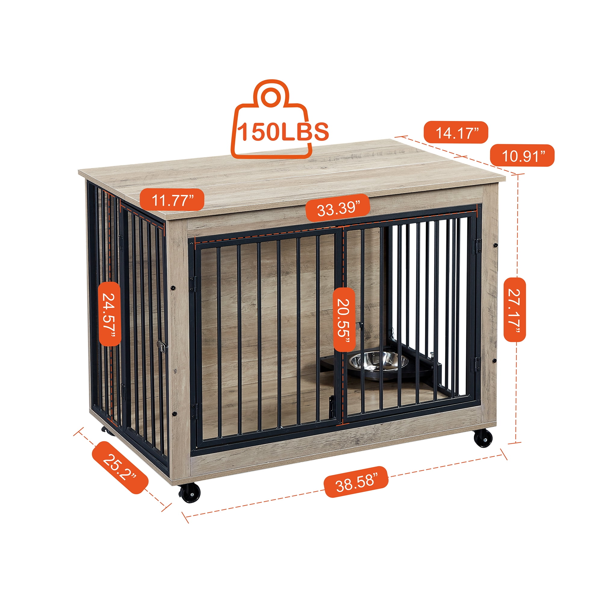 Pefilos 38" Furniture Style Dog Crate with Rotatable Feeding Bowl, Wheels, Three Doors Kennel, Indoor Dog Cage Flip-Up Top Opening, Gray Pefilos 38" Furniture Style Dog Crate with Rotatable Feeding Bowl, Wheels, Three Doors Kennel, Indoor Dog Cage Flip-Up Top Opening, Gray