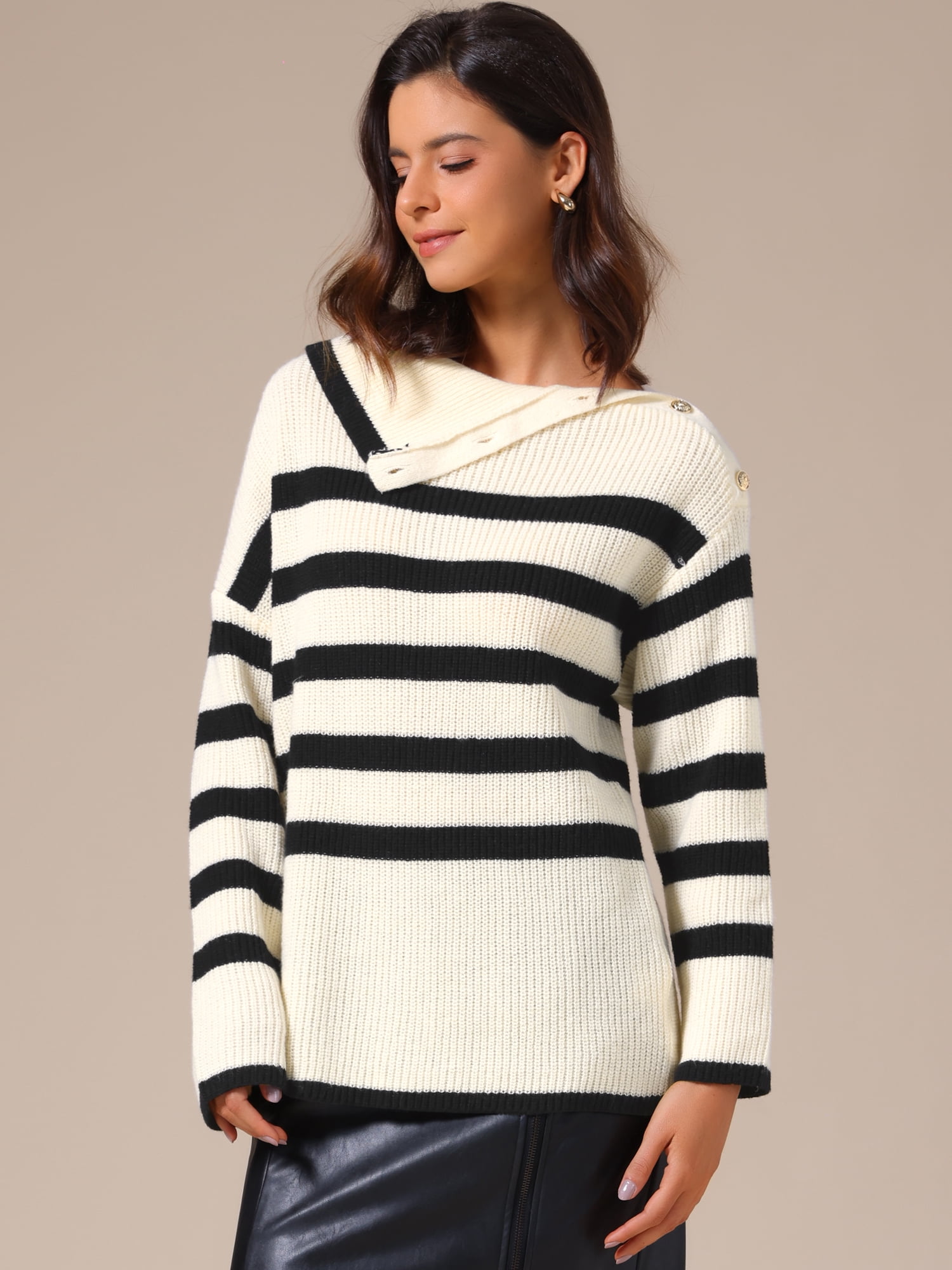 DARING DIVA Women's Long Sleeve Pullover Striped Color Block Sweater S Apricot