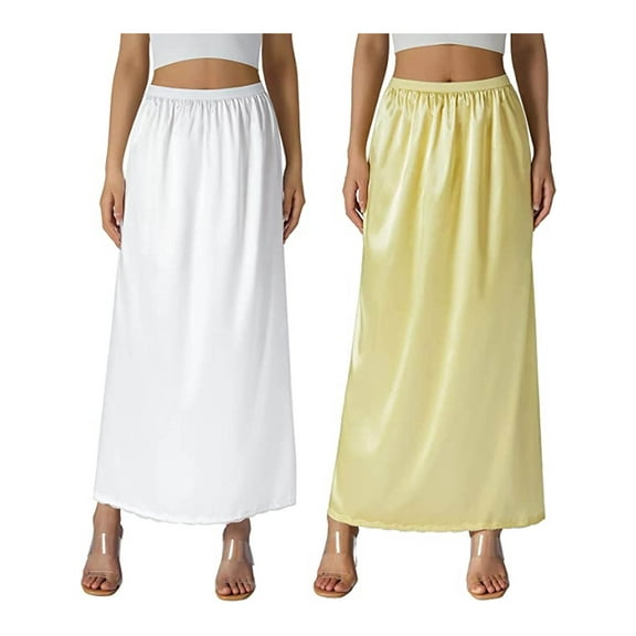 Springcmy Satin Half Slip for Women Under Dresses Plus Size Solid Color Long Underskirt Lace Trim Elastic Waist Maxi Slip Skirt