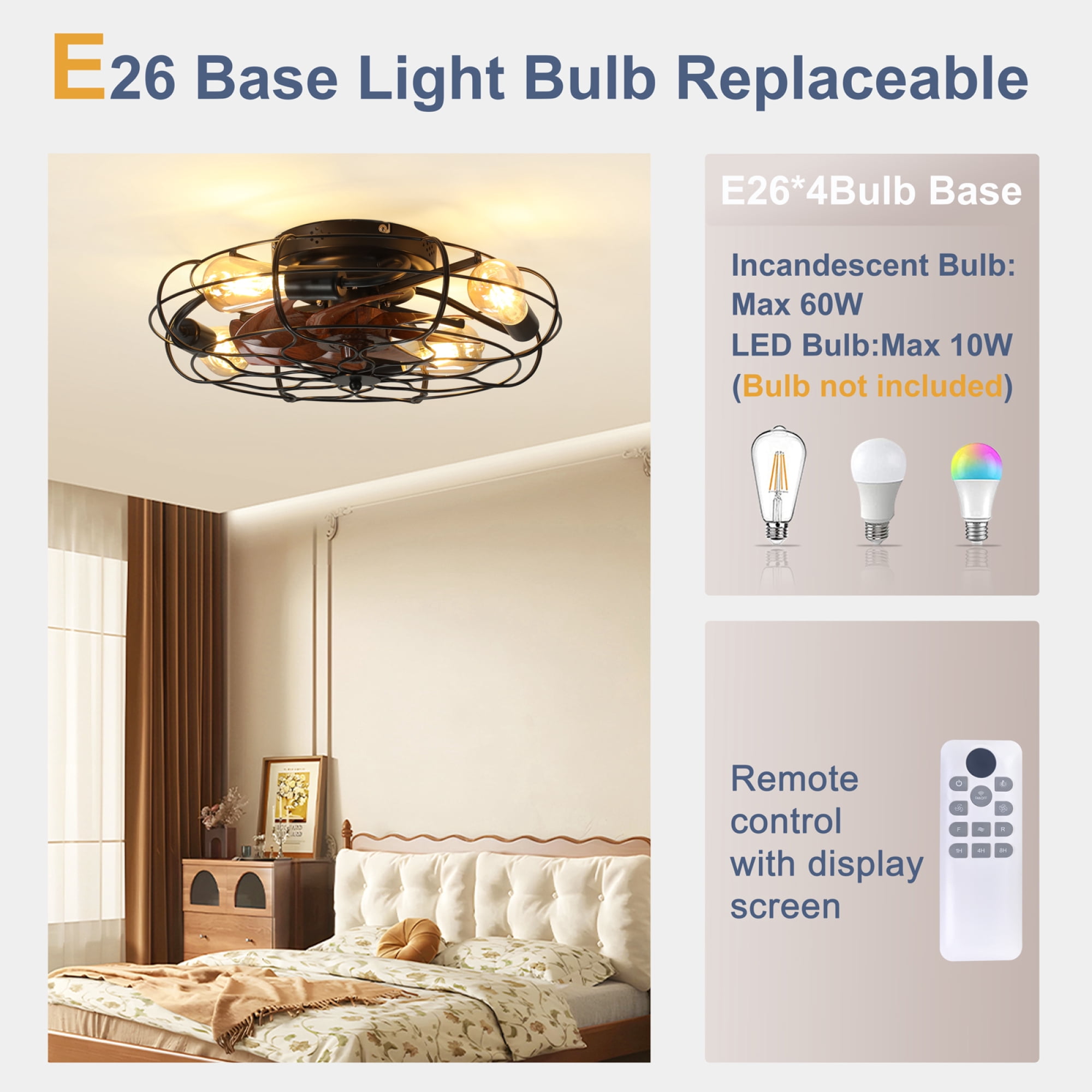 Leumius 19.7" Industrial Caged Ceiling Fan with Light, 6-Speed Reversible DC Motor, E26 Bulb Base, Remote Control, Timer, Low Noise, Farmhouse Decor for Bedroom Living Room Kitchen