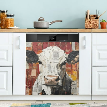 

Cow Painting on Red Wood Board Dishwasher Magnet Refrigerator Magnetic Cover Washing Machine Magnet Sticker Kitchen Decor