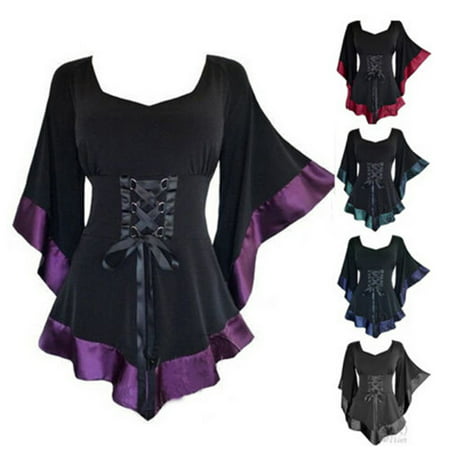2019 Women Dress Gothic Steampunk Flared Sleeve Lace Up Loose T-Shirt Tops Blouse Purple Size